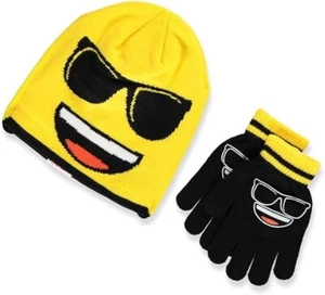 Emoji Yellow and Black Sunglasses Hat Beanie and Glove Set - Picture 1 of 1