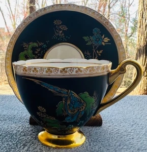 Shelley Exotic Bird Cup & Saucer Set Heavy Gold W Enameled Pheasant Mint. - Picture 1 of 9