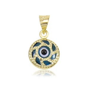 14K Solid Yellow Gold Evil Eye Pendant -Round Good Luck Necklace Charm Women Men - Picture 1 of 3
