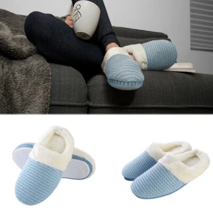 Women's Weave Knit Slippers Fur Lined Cuff Winter Soft Memory Foam Cotton Shoes - Picture 1 of 13