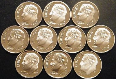 Juego de 10 monedas de diez centavos S Roosevelt 2000-2009 gema camafeo revestido a prueba de funcionamiento como nuevo en Estados Unidos Foto 1 de 2