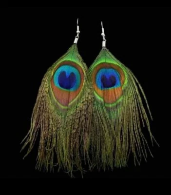  GENUINE PEACOCK FEATHER EARRING PAIR  Dangle Jewelry Green,Natural Light Weight - Image 1 of 3