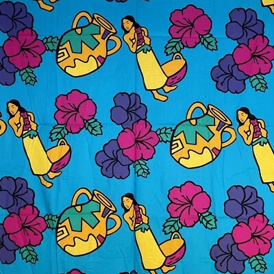 Tarro de cerámica de hibisco de tela hawaiana de colección mezcla de algodón azul azulado 47x45 Foto 1 de 4