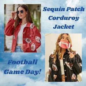 Women’s Cropped Corduroy Jacket W Sequin Football Patches S-XL Red or Black NWT - Picture 1 of 27