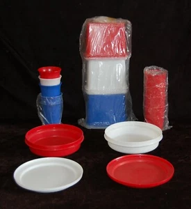 NEW Vintage Tupperware Red White Blue Set Cups Containers Plates Bowls #28 - Picture 1 of 2