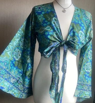 Hand Made Floral Paisley Bell sleeve wrap crop top Festival Retro Vtg Boho Hippy - Image 1 of 2