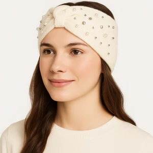 Neu mit Etikett elfenbeinfarben verziertes Strick-Stirnband - Perlen & Strass - Bild 1 von 4
