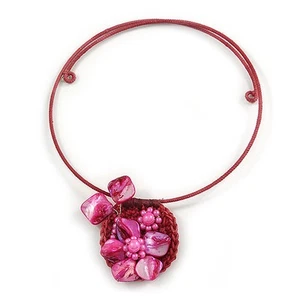 Girocollo filo flessibile ciondolo floreale perline acriliche componente conchiglia rosa fucsia - Foto 1 di 6