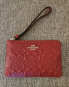 NWT Coach Corner Zip Wristlet Wallet In Signature C Leather Red/Gold-FREE SHIP! - Picture 1 of 6
