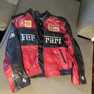 90’s Red Ferrari Embroidered Vintage F1 Racing Leather Motorcycle Riding Jacket - Image 1 of 4