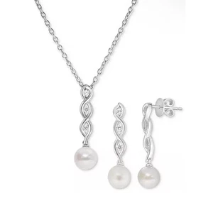Pearl Necklace Earrings (2 Piece Set) Sterling Silver (7mm) Trendy Luxury NWT - Picture 1 of 24