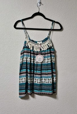 Umgee блузка женщин M синий цветной бахрома V шеи без рукавов пуловер Cami Top - Изображение 1 из 4