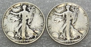 1935 & 1937 Walking Liberty Silver Half Dollar lot of 2 coins in saflip #J211 - Picture 1 of 2