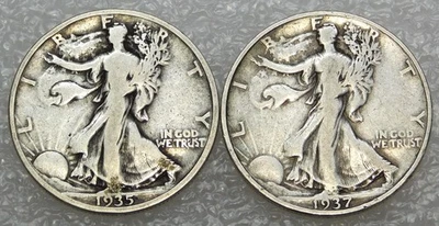 1935 & 1937 Walking Liberty Silver Half Dollar lot of 2 coins in saflip #J211 - Image 1 of 2