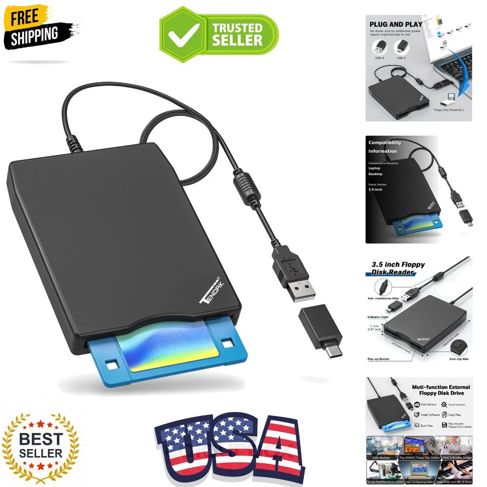 Tendak USB Floppy Disk Drive - 3.5" Portable External 1.44mb FDD Diskette for PC