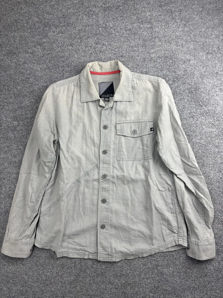 Camisa masculina Volcom cinza média para baixo The Hatchet manga longa botão frontal - Imagem 1 de 4