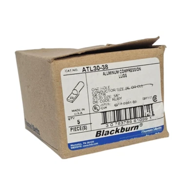 BOX OF 5 NEW BLACKBURN THOMAS & BETTS ATL30-38 ALUMINUM COMPRESSION LUGS - Image 1 of 3