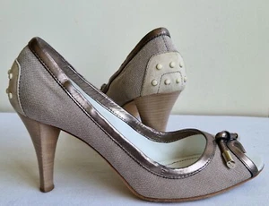 TODS Italian Heel Slingback 5.5 Silver Leather Trim Mesh Canvas Peep Court Shoes - Picture 1 of 16