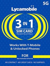 1 x Lycamobile Sim Cards 5G/4G LTE (3in1) Standard, Micro & Nano