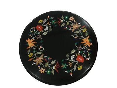 15" Round Black Marble Coffee Top Semiprecious Multi Inlay Stone Hallway Dec Art - Image 1 of 4