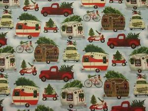 RED TRUCK TRUCKS TRAILER TREE RED WAGON BIKE WINTER COTTON FABRIC FQ - Picture 1 of 5