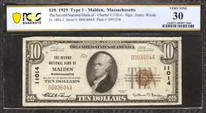 1929 $10 SECOND NATIONAL BANKNOTE CURRENCY MALDEN MASSACHUSETTS PCGS 30 VF (604A - Picture 1 of 2
