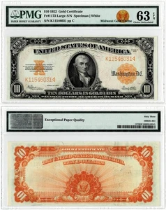 Fr.# 1173 1922 $10 GOLD CERTIFICATE NOTE~LARGE S/N ~ PMG CH UNC 63 EPQ - Picture 1 of 1