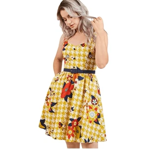 Modcloth 3X Yellow Floral Dress NO BELT Houndstooth 50s Cottagecore Pin Up - Picture 1 of 5