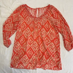 Studio Y Ladder Cut Neckline Peach/Beige Design 3/4 Sleeve Tunic Top Shirt Sz M - Picture 1 of 7