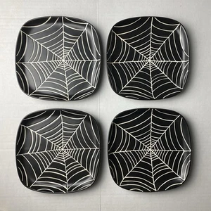 Pottery Barn Spider Web 7.5” Square Stoneware Black Plate Set of 4 Halloween - Picture 1 of 5