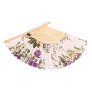 Women's Summer Wedding Floral Pattern Fabric Folding Hand Fan White E8B82765 - Afbeelding 1 van 4