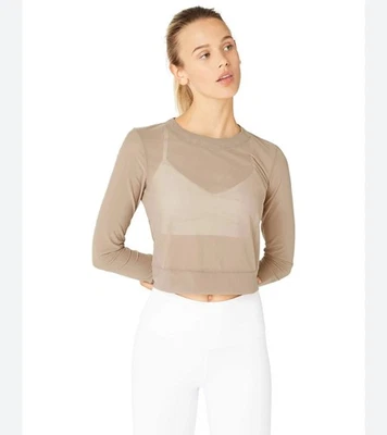 ALO Tan Beige Brown Sheer Mesh Extra-Long Sleeve Cropped Crop Top S Ballet Dance - Image 1 of 4
