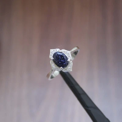 Anel cabochão oval vintage art déco topázio azul prata 925 halo para ela - Imagem 1 de 4