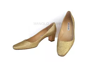 MANOLO BLAHNIK 38.5 Gold Glitter Square Toe Kitten Heels 8 - Picture 1 of 4