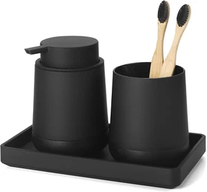 Black Bathroom Countertop Accessories Set - Soap Dispenser and Toothbrush Holder - Picture 1 of 12
