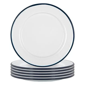 6x White Enamel Side Plates Steel Outdoor Camping Dinnerware Tableware 20cm Navy - Picture 1 of 7