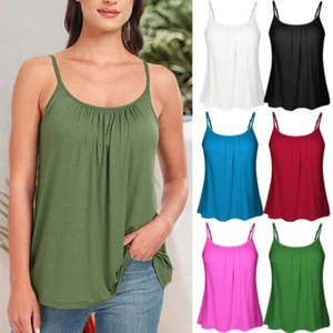 Plus Size Camisole Tank Top Built in Bra Cami Pleated Loose Fit Adjustable Strap - Picture 1 of 23