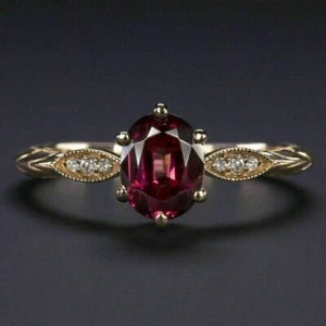 2.20Ct Oval Cut Lab Created Ruby Engagement Ring 14k Yellow Gold Plated Silver - Picture 1 of 4