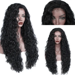Black Long Loose Curly Synthetic Wig Lace Front Wig Synthetic Baby Hair 26 Inch - Picture 1 of 11