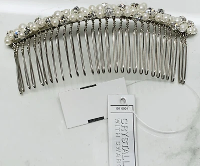 Elegant Silver Plated Hair Comb Swarovski Crystals faux Pearls Bridal $49 NEW - Image 1 of 4