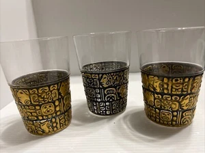 Vintage Gold Aztec mayan Drinking Glass. 4X3 Set Of 3 Rare - Picture 1 of 9