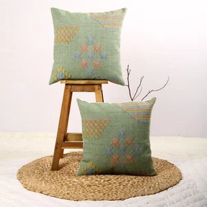Green Handwoven Sabra kilim Pillow Cover Set of 2 cushion for sofa decor - Picture 1 of 6