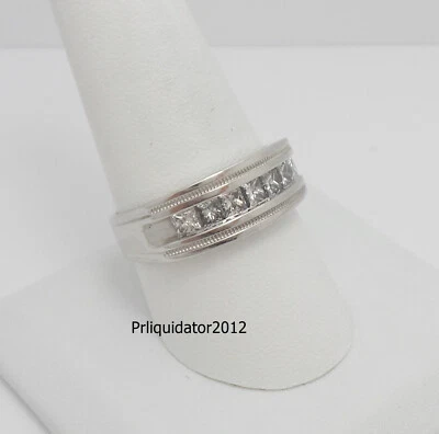 1CT MENS NATURAL PRINCESS DIAMOND WEDDING BAND BRIDAL RING 14K WHITE GOLD - Image 1 of 4