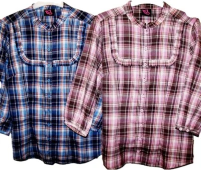 NEW BLUE OR PINK CHECKED PLAID TARTAN COTTON  BLOUSE ~ TOP IN SIZES 10 OR 12 ** - Image 1 of 4