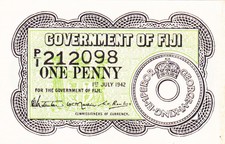 1 PENNY EXTRA FINE  BANKNOTE FROM BRITISH COLONY OF FIJI 1942 PICK-47