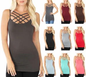 Womens Front Criss Cross Seamless Cami Long Tank Top Spaghetti Strap Shirt - Picture 1 of 38