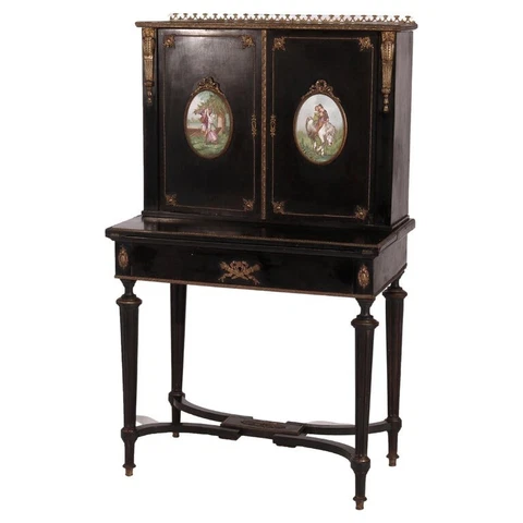 Antique French Ebonized & Ormolu Ladies Desk with Porcelain Plaques, circa 1890 Cover