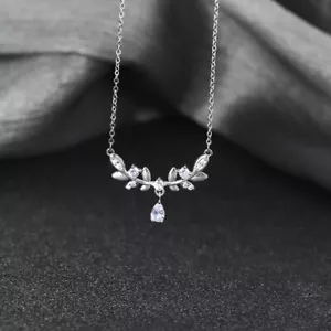 Light Luxury Leaf Pendant Necklace Silver Color Crystal Zircon Clavicle Cha rock - Picture 1 of 10