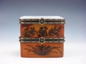 Vintage Double Jewelry Box Plum Blossom Nephrite Jade Lid Horse Carriage #B - Picture 1 of 7