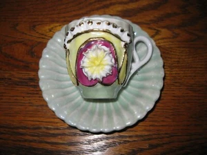 Antike 1890er Demitasse Tasse & Untertasse grüner Glanz Goldrand Germany Remember Me - Bild 1 von 14